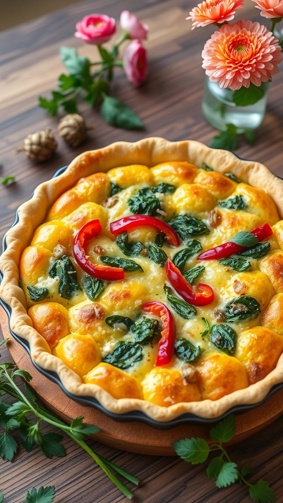 A golden-brown vegetable quiche with spinach and bell peppers, served on a wooden table with fresh herbs.